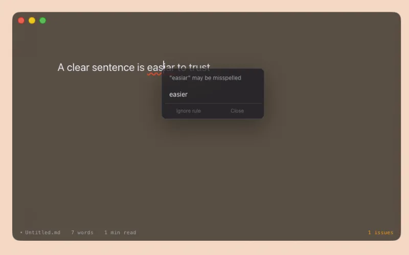 Write.md showing a local writing correction suggestion